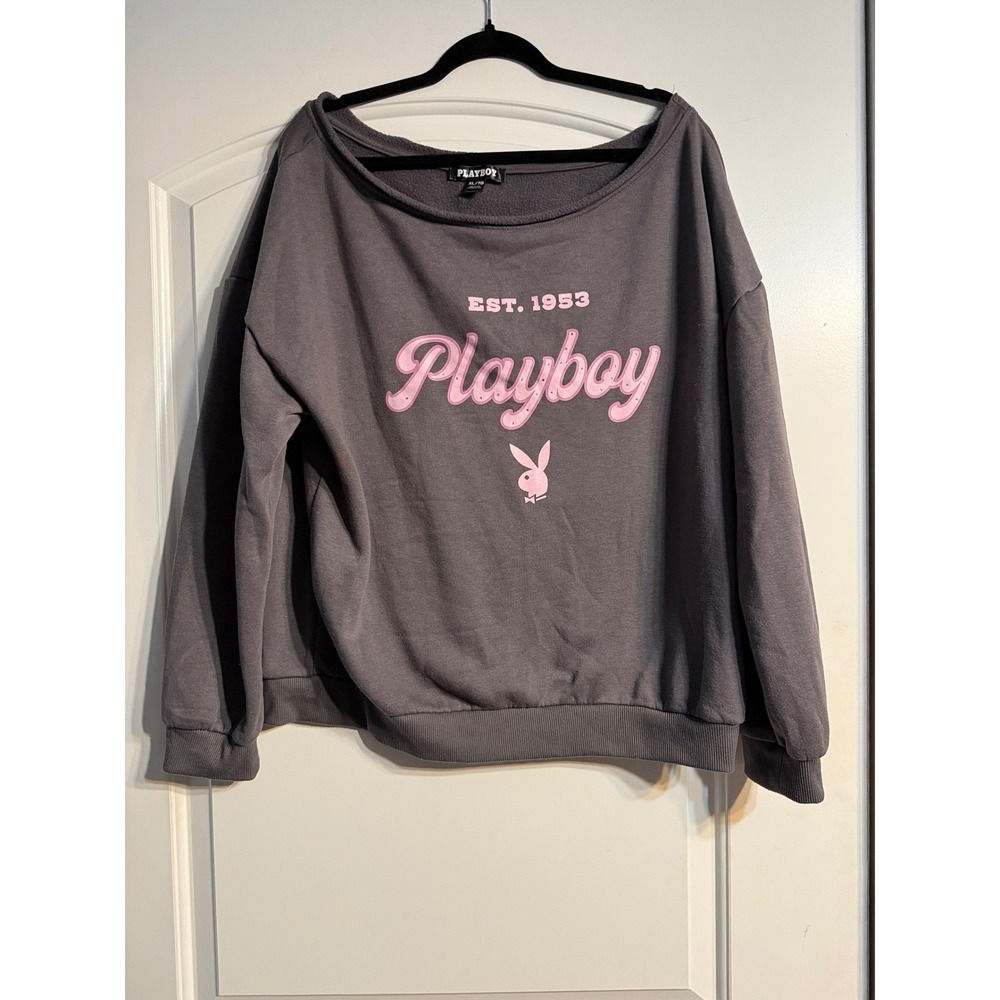 Playboy Sweatshirt XL Charcoal Pink Off Shoulder Bunny Logo Y2K Streetwear Retro
